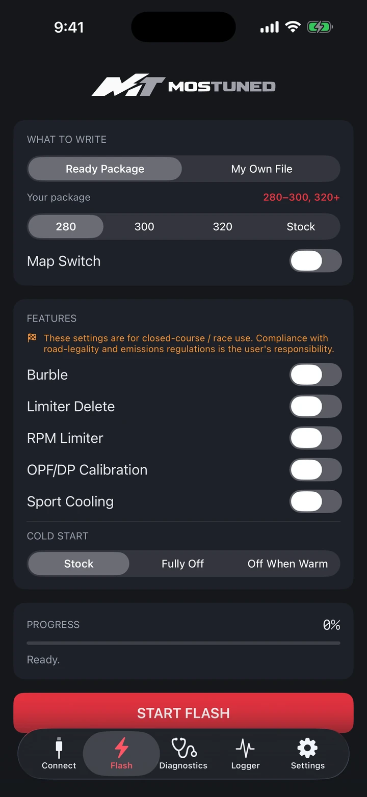 MOSTUNED flash screen — simulated vehicle