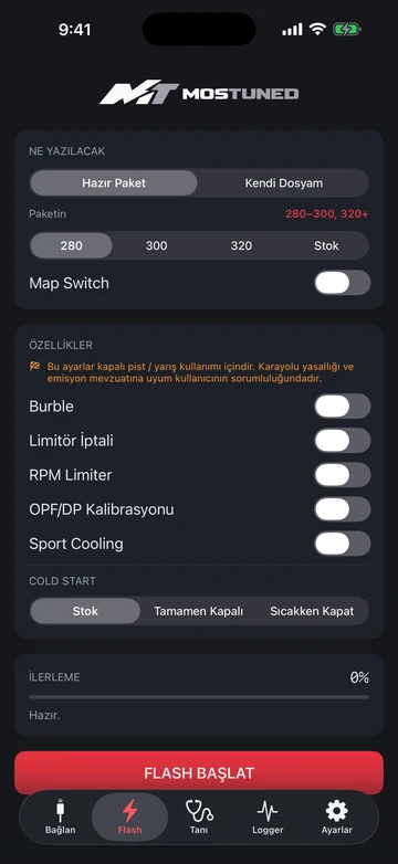 MOSTUNED uygulamasının Flash ekranı: 280, 300, 320 ve Stok paket seçenekleri, burble, limitör ve soğuk çalışma ayarları