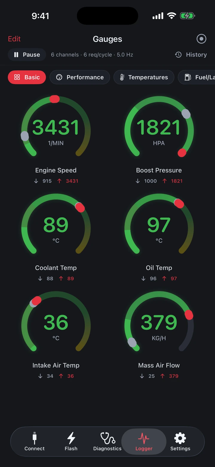MOSTUNED logger screen — simulated vehicle