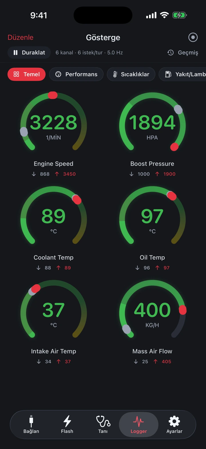 MOSTUNED logger ekranı — simüle araç