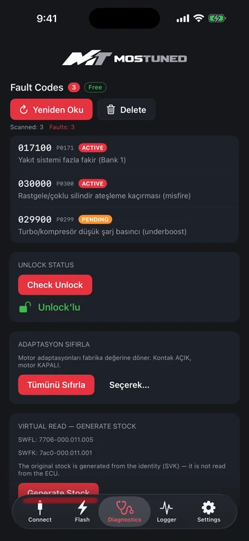 The MOSTUNED app Diagnostics screen showing unlock status and ECU details
