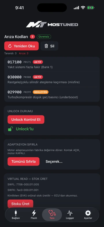 MOSTUNED uygulamasının Tanı ekranı: unlock durumu ve ECU bilgileri
